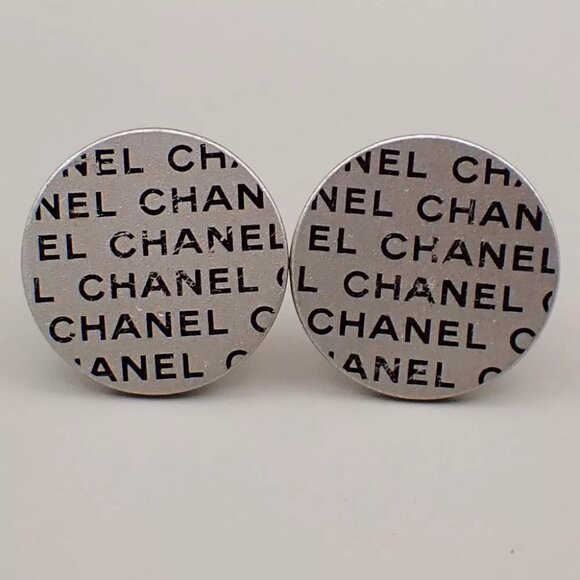 CHANEL Logo Round Button Earrings 00C Clip-On Silver SHW France - Picture 1 of 10